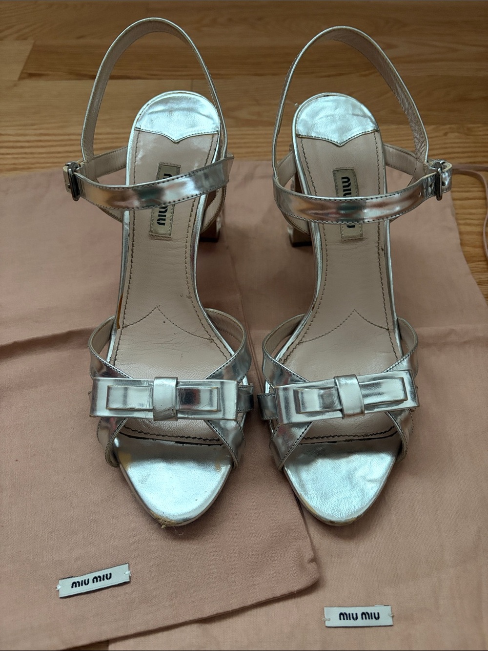 Final Price- No Offers! Miu Miu Silver Metallic Bow Block-Heel Slingbacks 39